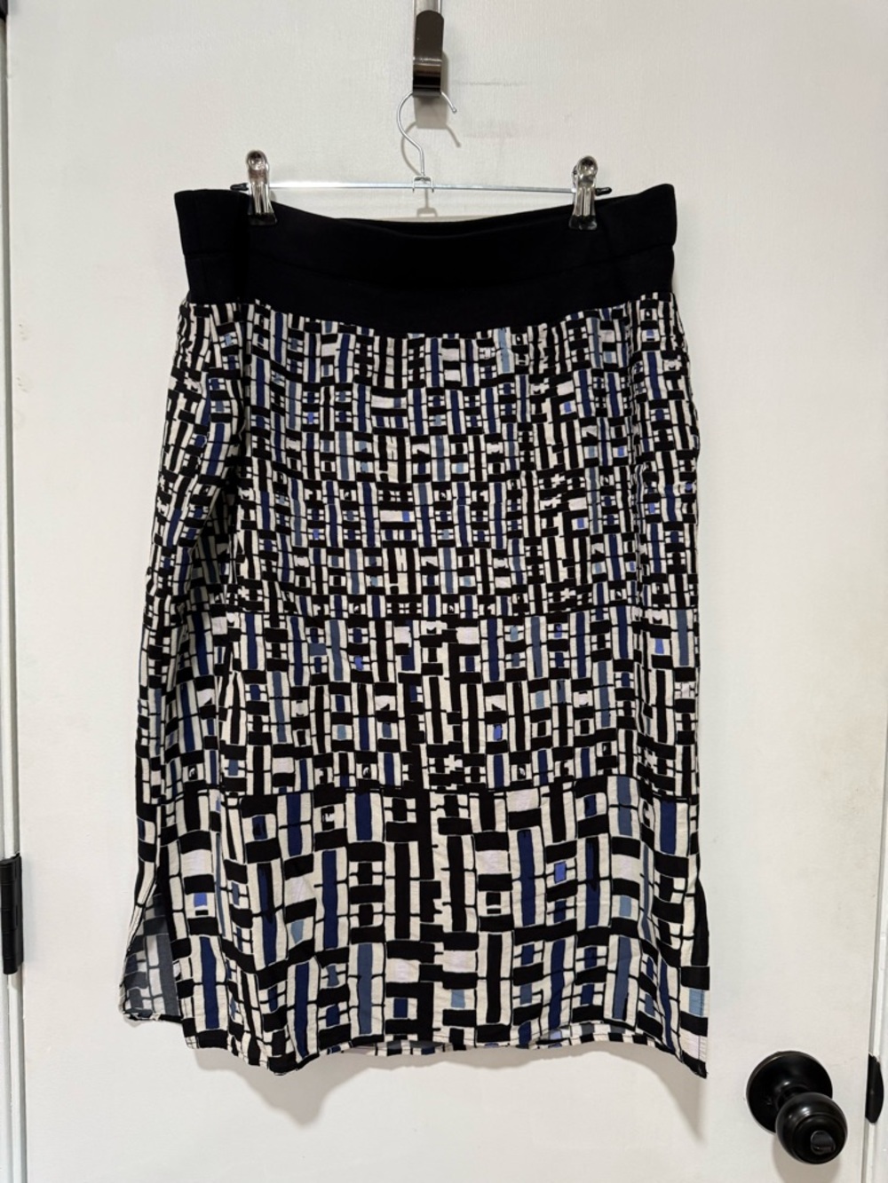 NIC+ZOE Black, White & Blue Geometric Midi Skirt-#1432